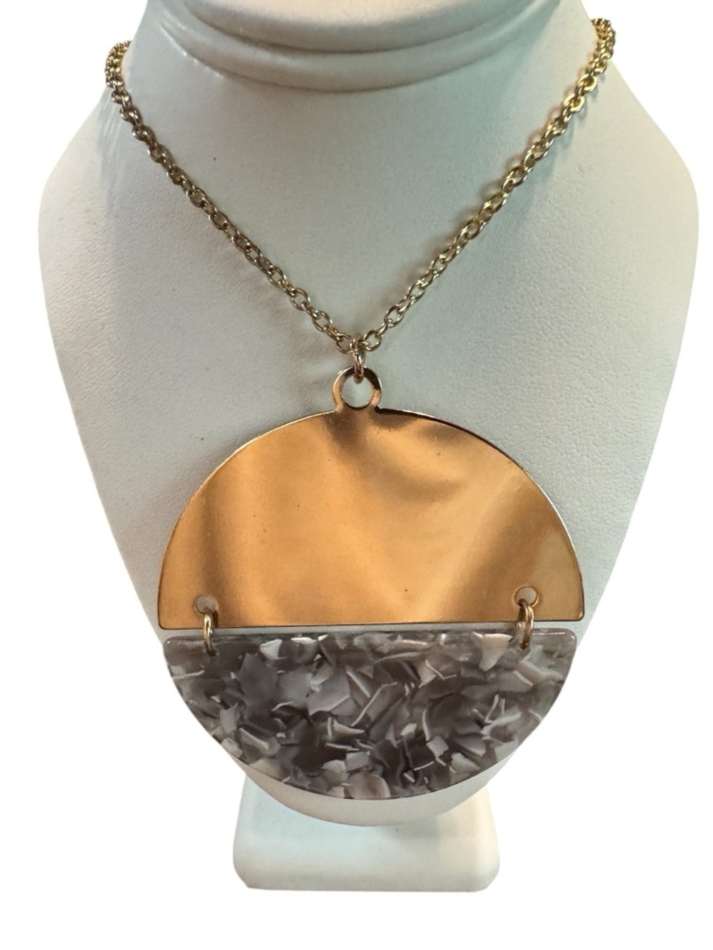 Modern Geometric Gold Tone & Gray Resin Statement Pendant Necklace